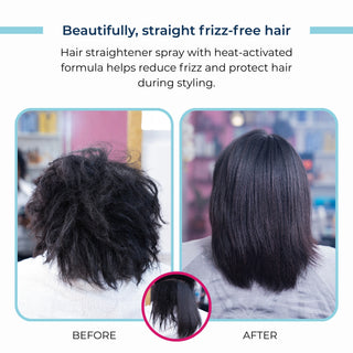 Before and after comparison of best hair straightening spray, showing frizzy hair on the left and smooth, straight hair on the right.