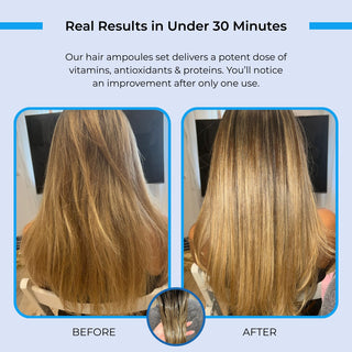 Before and after comparison of hair with text about hair ampoules delivering real results in under 30 minutes.