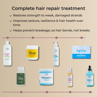 Promotional graphic for damaged hair treatment by agua de cielo featuring text about restoring hair strength and health, with multiple haircare products arranged below on a beige background. Visible products include Recovering Shampoo, Honey Hair Mask, Body Butter, Ampoules, Hair Growth Serum, and Indestructible Hair Conditioner.