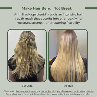 Before and after comparison of hair with an anti-breakage liquid mask, an extreme hair breakage repair product