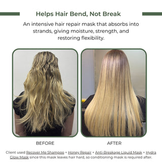 Before-and-after hair extreme hair breakage repair product result graphic showing long blonde hair on the left labeled BEFORE and smoother straighter hair on the right labeled AFTER, with marketing text above and a client note below.