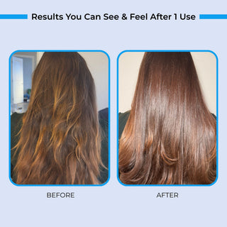 Before-and-after comparison of hair ampoules showing a person's long brown hair, showing frizzy, textured hair on the left labeled 'BEFORE' and smoother, shinier hair on the right labeled 'AFTER' under the headline 'Results You Can See & Feel After 1 Use'.