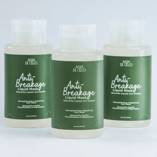 Three bottles of agua de cielo hair breakage treatment arranged in a row against a light gray background.
