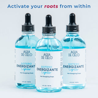 Three clear glass dropper bottles of Agua DE CIELO Hair Energizing Drops for hair growth filled with bright blue liquid, arranged against a light gray background with promotional text at the top.