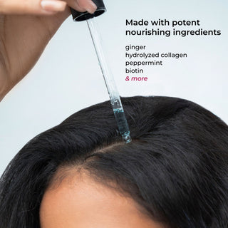 A close-up of a person's hair and scalp while a clear dropper applies a transparent hair growth serum onto the hairline. Text on the right reads 'Made with potent nourishing ingredients' and lists ginger, hydrolyzed collagen, peppermint, and biotin.
