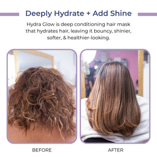 Before-and-after hair care comparison for a hair mask for damaged hair showing a frizzy, dry brown hair texture on the left and a smooth, shiny, hydrated brown hair finish on the right. The image includes descriptive text at the top reading 'Deeply Hydrate + Add Shine' and labels 'BEFORE' and 'AFTER' at the bottom.