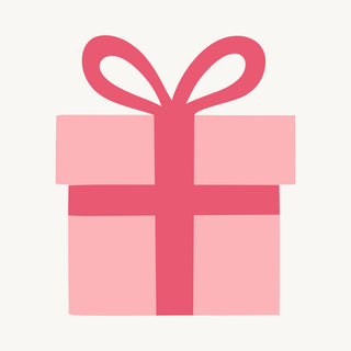 A flat vector illustration of a pink gift box with a darker pink ribbon and bow, centered on a light off-white background.