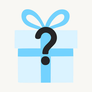 A stylized light blue gift box with a blue ribbon and bow, overlaid with a large black question mark on a light cream background.