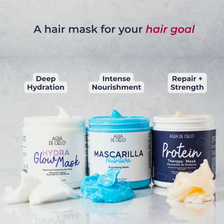 Three hair mask jars from AGUA DE CELO are displayed on a reflective surface with swirled mask products in front of each jar. The jars are labeled Hydra Glow Mask, Mascarilla NutriLife, and Protein Therapy Mask, with text above describing their benefits: Deep Hydration, Intense Nourishment, and Repair + Strength.