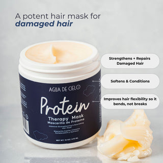 A jar of Agua de Cielo Protein Therapy Hair Protein Mask with a white lid and dark navy label, shown open with cream-colored mask visible inside. Text on the image highlights benefits for damaged hair, and a dollop of the mask sits beside the jar on a light gray surface.
