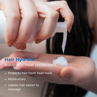 A close-up of a person dispensing a white leave-in hair protectant from hair recovery kit from a clear pump bottle into their hand, with text listing benefits such as protection from heat tools and moisturization.