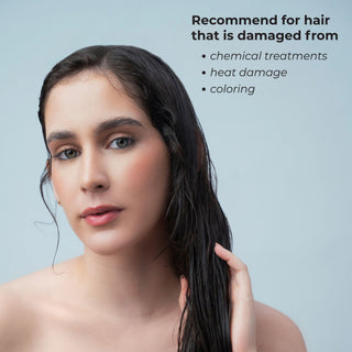 A woman with wet dark hair looks at the camera against a light blue background, with text on the right reading about hair repair products: 'Recommend for hair that is damaged from chemical treatments, heat damage, coloring.'.