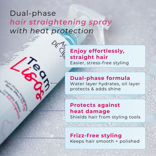 A bottle of Team Lisos hair straightening spray dual-phase hair straightening spray with heat protection, shown diagonally on a water-droplet textured background with four light blue feature callout boxes describing benefits.
