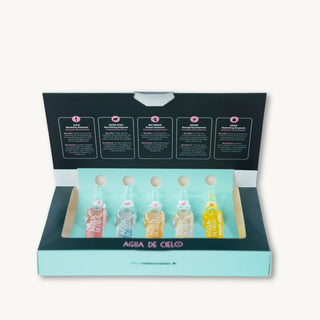 A boxed hair therapy complex 5 labeled 'AGUA DE CIELO' arranged in a teal and black presentation box with printed instructions on the inside lid, photographed on a plain light background.