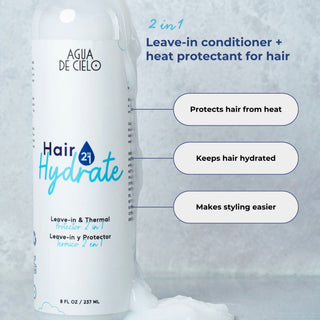 A white canister of AGUA DE CIELO Hair Hydrate leave-in conditioner and heat protectant for hair is shown on a light gray textured background with three callout bubbles describing benefits.