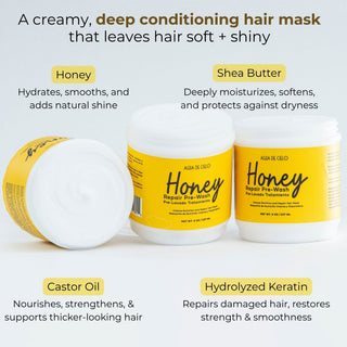 Three white jars of Agua DE Cielo Honey Repair Pre-Wash Pre-Champu Treatment with miel shown on a light gray background with descriptive text callouts for Honey, Shea Butter, Castor Oil, and Hydrolyzed Keratin.