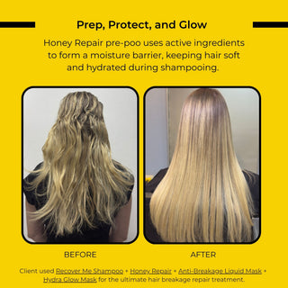 A yellow before and after for a hair honey pre shampoo treatment called Prep, Protect, and Glow. It features a before-and-after comparison of a person's long blonde hair, showing frizzy, damaged hair on the left and smooth, repaired hair on the right.
