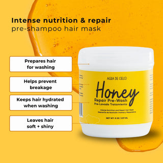A jar of Agua DE CIELO Honey Repair Pre-Shampoo treatment hair mask on a bright yellow background with text callouts about hair preparation and benefits.