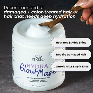 A jar of AGUA DE CIELO Hydra Glow hydrating hair mask for damaged hair shown open with white cream on a wooden spoon, with a hand dipping the spoon. Text overlays mention it is recommended for damaged and color-treated hair, with feature callouts on the right.