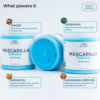 Three jars of Agua de Cielo mask for dry hair nourishing mask are arranged on a light gray background with informational text and ingredient callouts. The product is a bright light blue, shown in both closed and open states to display the creamy texture.