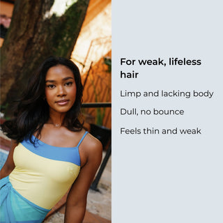 nourishing treatment for hair agua de cielo A woman wearing a color-blocked yellow and blue top is pictured outdoors next to text that reads 'For weak, lifeless hair' with bullet points describing hair characteristics.