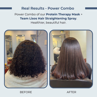 Before-and-after hair transformation showing curly dark brown hair on the left and straightened medium brown hair on the right, with promotional text at the top reading 'Real Results - Power Combo' and 'Power Combo of our Protein Therapy Mask + Team Lisos Hair Straightening Spray.'.
