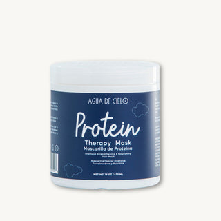 A white plastic jar of AGUA DE CIELO Protein Therapy Mask protein treatment for hair with a navy blue label, set against a solid off-white background.