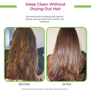 Before and after comparison of Recover Me sulfate free paraben free shampoo of a woman's long brown hair showing the results of a deep clean shampoo treatment. The left 'Before' photo shows frizzy, textured hair, while the right 'After' photo shows smoother, shinier, and healthier-looking hair.