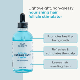 A bottle of Agua de Cielo Hair Follicle Scalp Stimulator for hair growth dropper oil on a split light blue and off-white background, with three callout boxes describing benefits.
