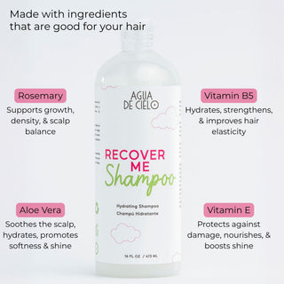 A bottle of AGUA DE CIELO Recover Me Shampoo centered on a white background showing the sulfate free shampoo benefits, surrounded by marketing callouts highlighting ingredients like rosemary, vitamin B5, aloe vera, and vitamin E.