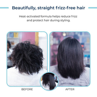 Before-and-after hair care comparison of Team Lisos straightening spray showing frizzy dark hair on the left and smooth, straight frizz-free hair on the right, with marketing text at the top about heat-activated formula reducing frizz.