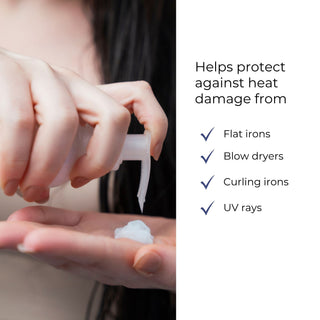 A close-up of a person dispensing a white thermal protector called hair hydrate onto their hand, with text on the right explaining that it helps protect against heat damage from flat irons, blow dryers, curling irons, and UV rays.